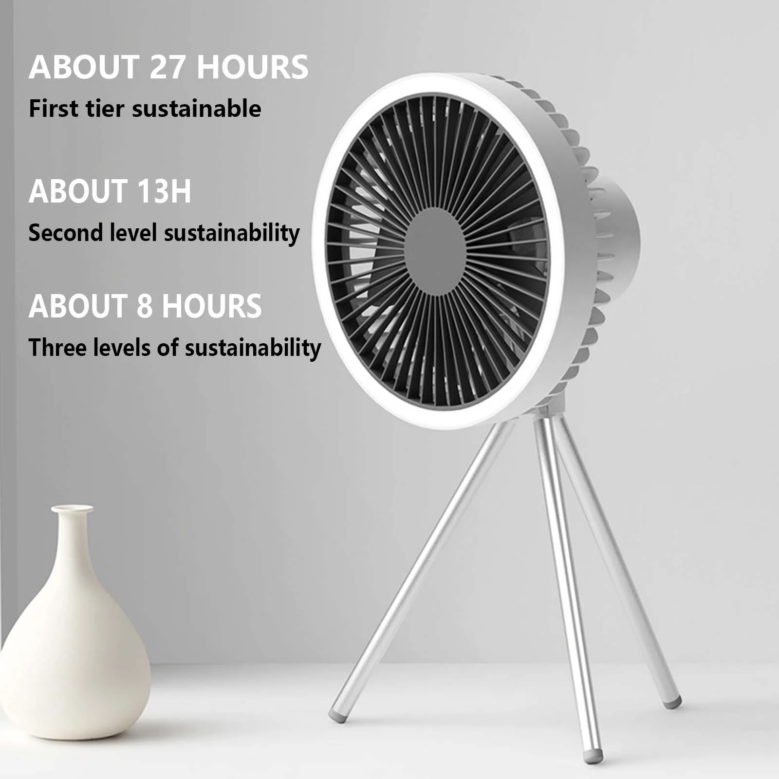 JGJJUGN Multifunctional Outdoor Tripod Fan with 10000mAh Power Bank, Adjustable Night Light, and Three Wind Settings for Camping and Office Use