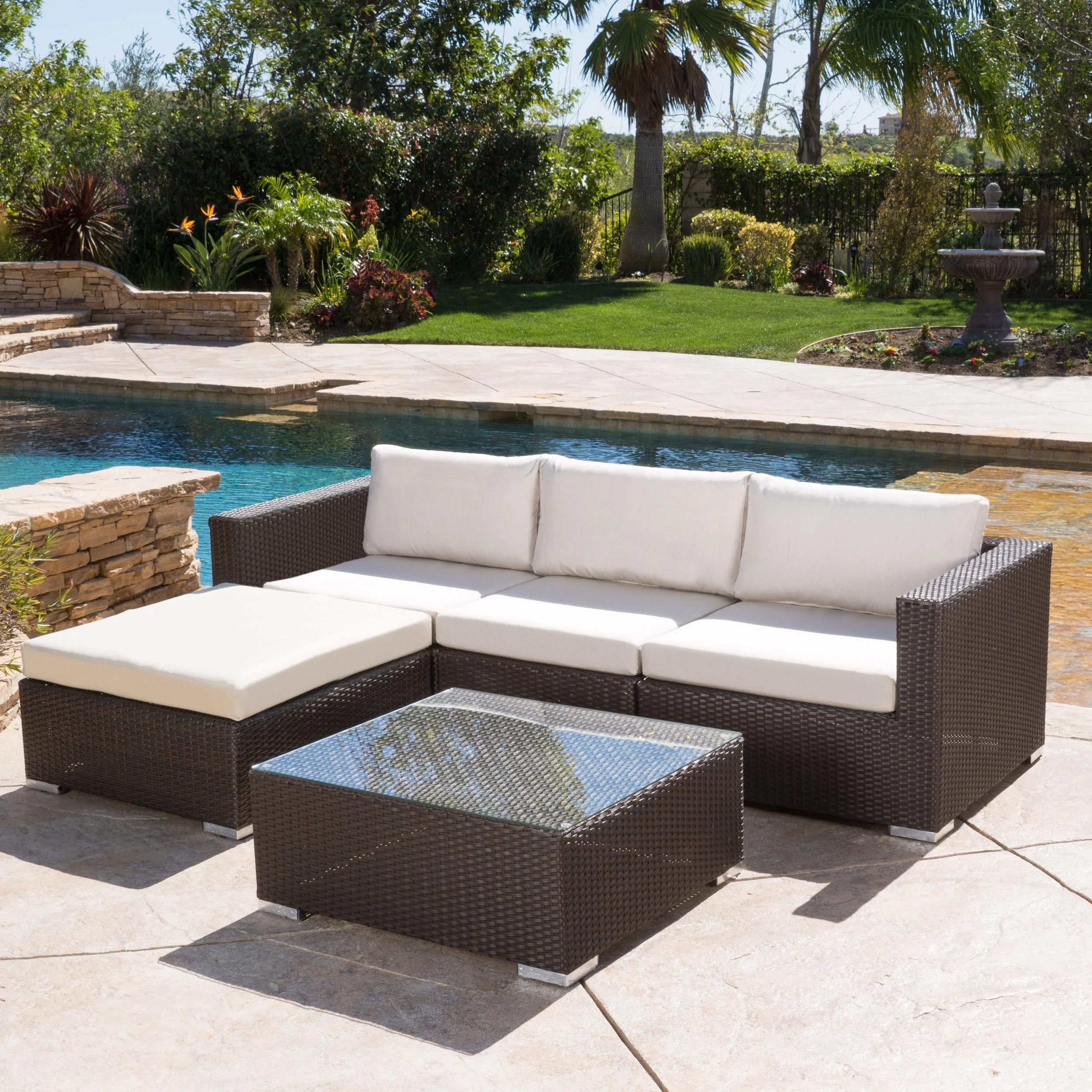 GDF Studio Raleigh Outdoor 5 Piece Wicker Sectional Sofa Set with Cushions, Beige