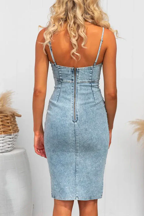 High Waist Slit Denim Bodycon Midi DressClistos