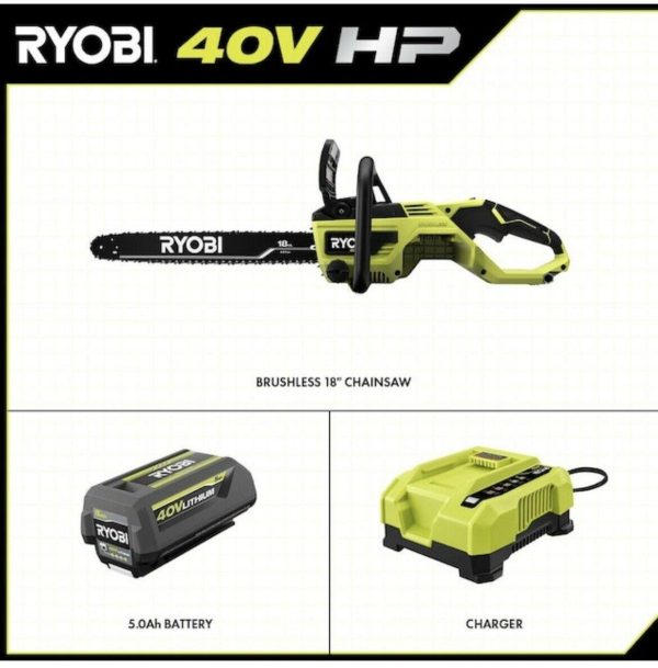 Ryobi RY40580 18′′ 40V HP Chainsaw Kit with Case Battery & Charger