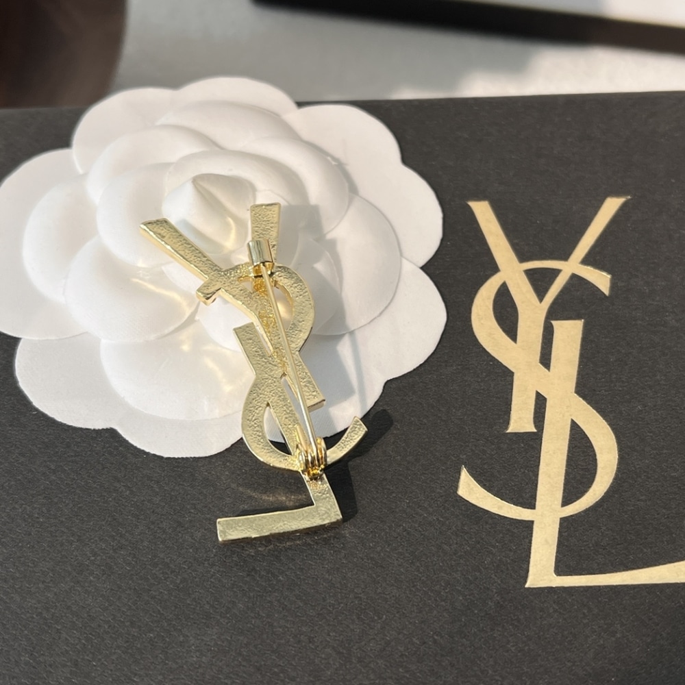 Saint Laurent Ysl Brooch Gold With Stone