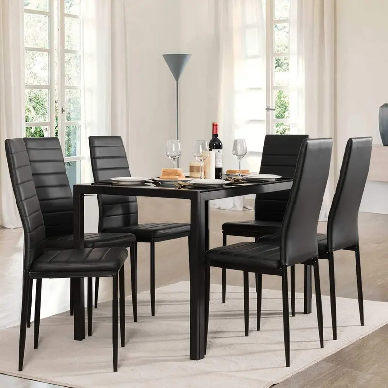 Sleek Rectangular Dining Set: Tempered Glass Tabletop + 6 Leather-Padded Chairs – Black Metal Frame