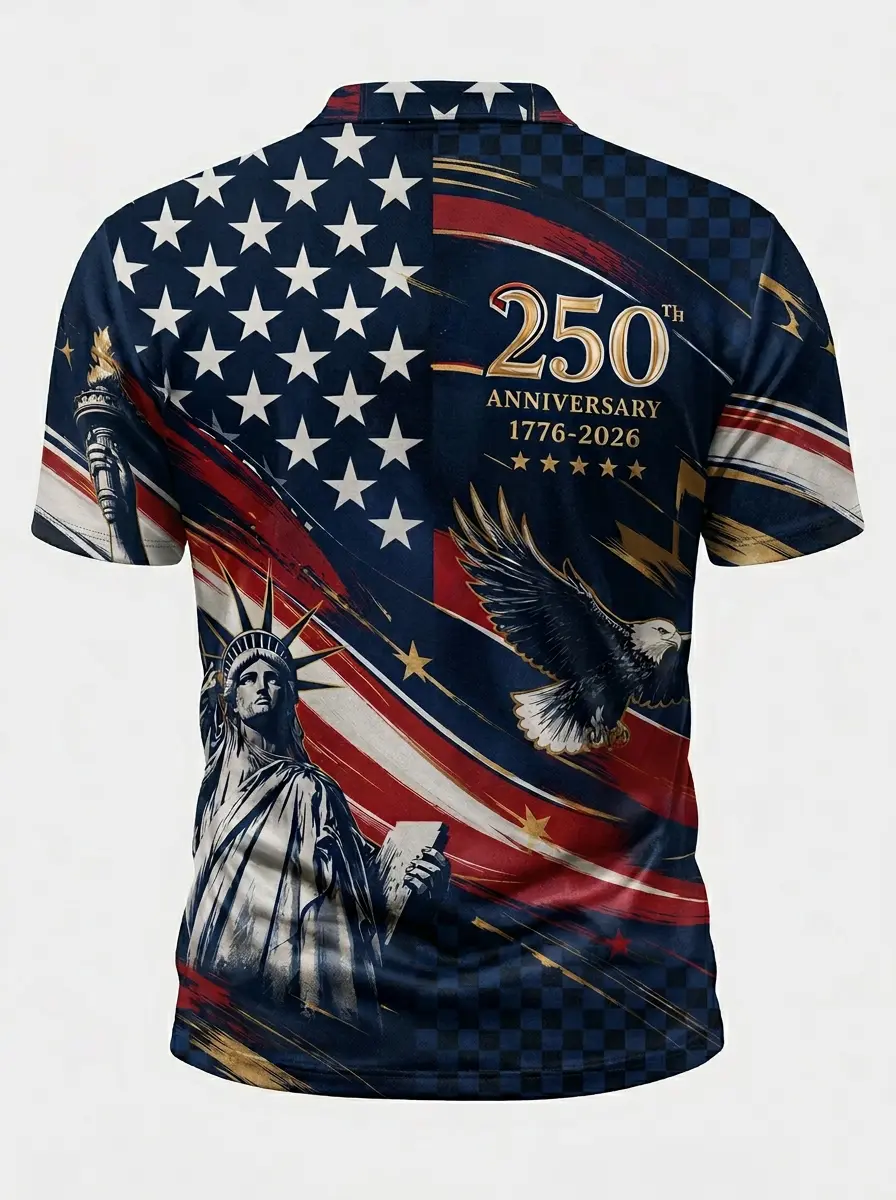Moisture Wicking Golf Polo 3D 250th Anniversary Statue of Liberty Eagle Flag Button Short Sleeve Golf Polo Shirt