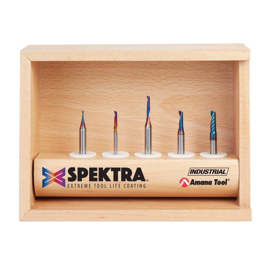 Amana AMS-166-K 5-Pc Spektra Extreme Tool Life Coated Plastic Cutting Solid Carbide Spiral &O& Flute CNC Router Bit Collection