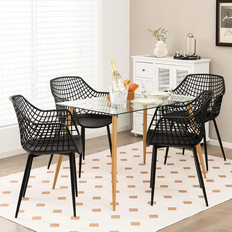Set of 4 Modern Black Dining Chairs – Powder-Coated Steel Frame, 15″ Backrest