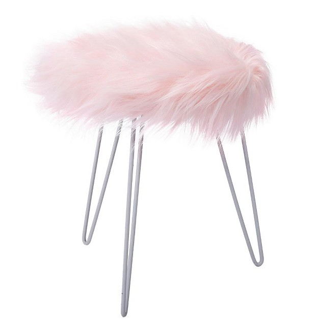 Birdrock Home Round Faux Fur Foot Stool Ottoman Pink With White Legs