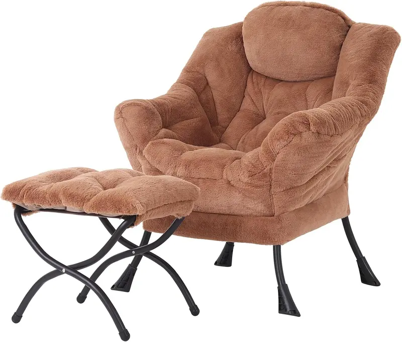Welnow Modern Lazy Chair with Ottoman – Compact Accent Armchair Featuring Side Pocket and Footrest