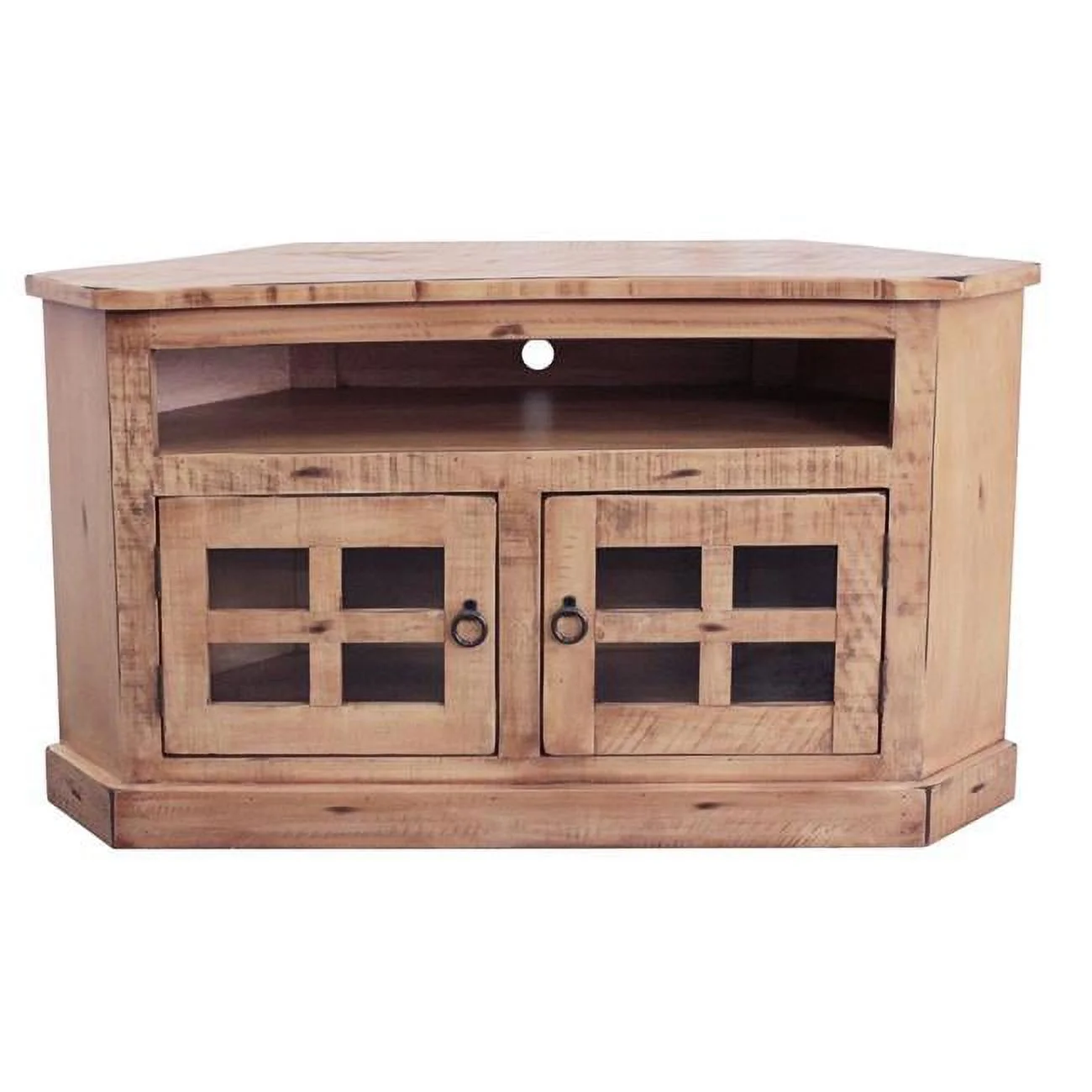 American Heartland 30739RSWGP Rustic Curve Corner TV Stand with 2 Glass Panel Doors, Rustic Seashell