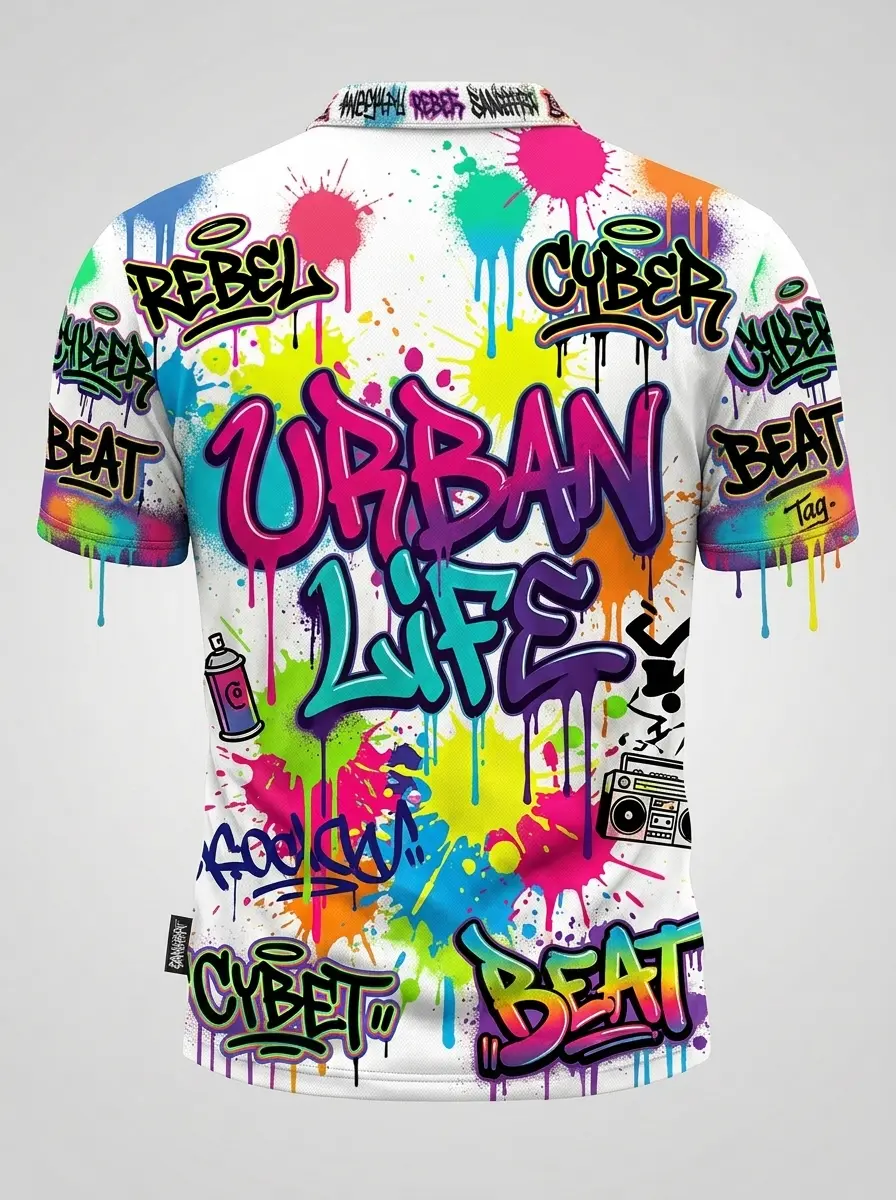 Moisture Wicking Golf Polo 3D Multicolor Graffiti Button Short Sleeve Golf Polo Shirt