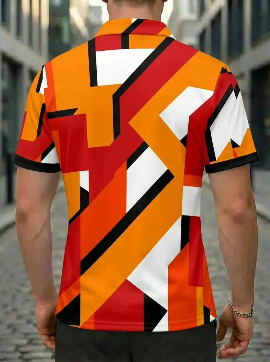 Moisture Wicking Golf Polo 3D Orange Red Black White Geometric Block Button Short Sleeve Golf Polo Shirt
