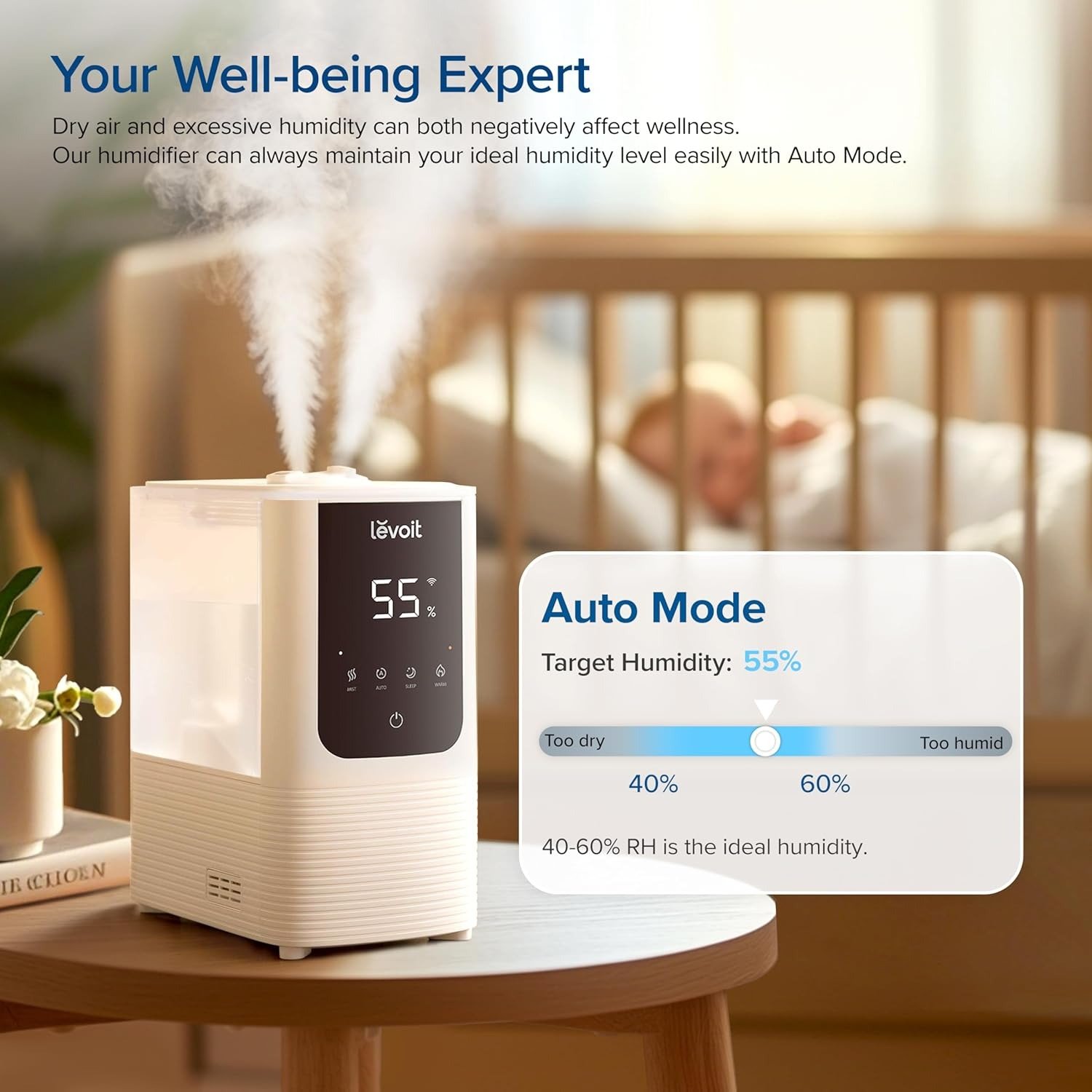 2.5L Ultrasonic Cool Mist Humidifier Customized Output Quiet for Bedroom Home