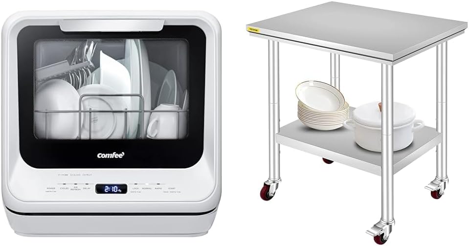 COMFEE' Portable Dishwasher Countertop with 5L Built-in Water Tank, No Hookup Needed, 6 Programs, 360° Dual Spray, 192℉ High-Temp& Air-Dry Function, Mini Dishwasher for RVs, White