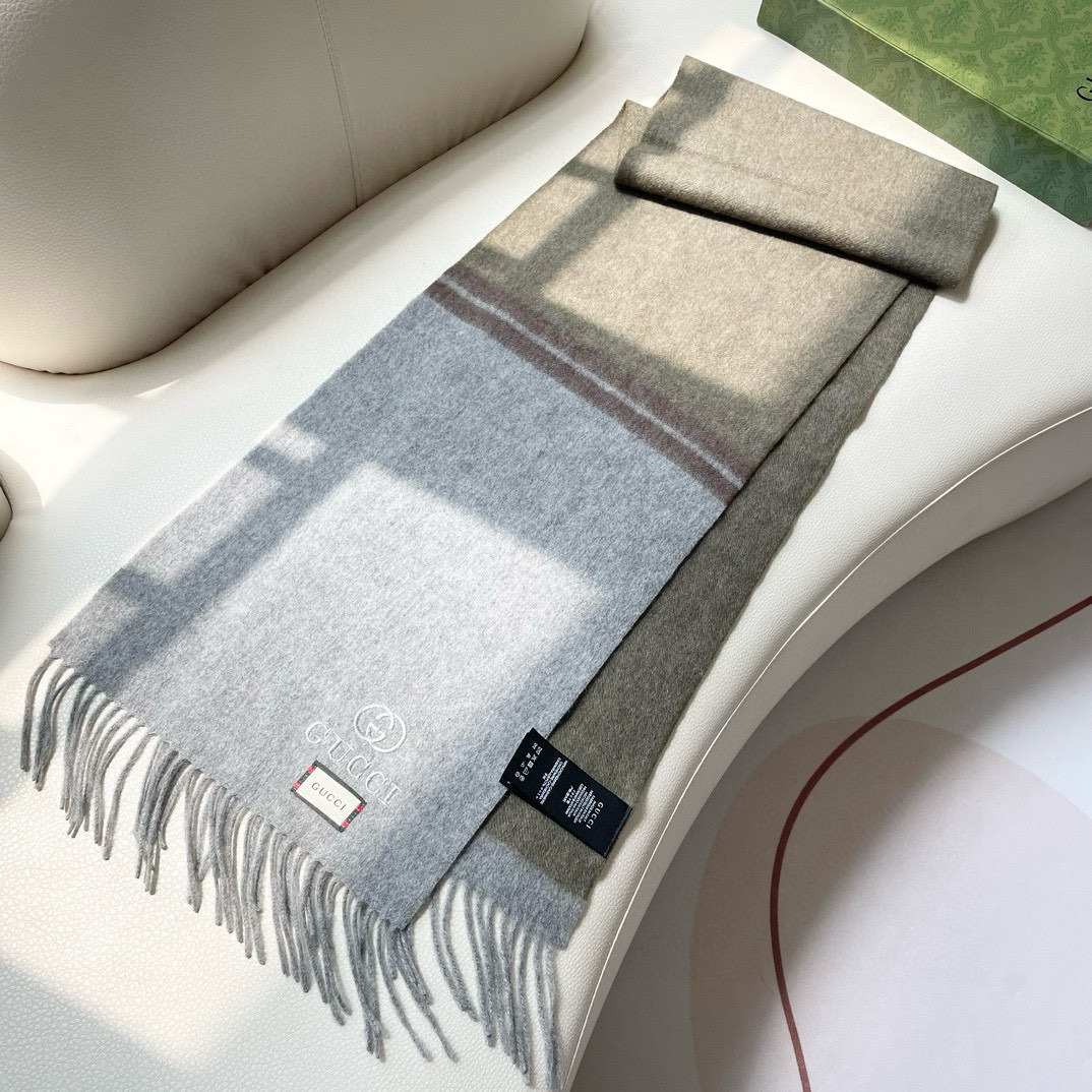 Gucci Cashmere Scarf Colorblock Gray Brown For Women 190cm