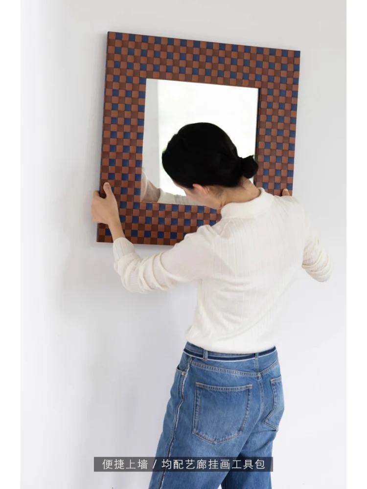 DZ020 - Herm@s Iris Blue Gold Brown BV Weave Checkerboard Half-Length Mirror Dressing Room High-Definition Vanity Mirror