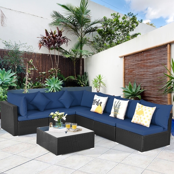 Gymax 7PCS Rattan Patio Conversation Set Sectional Furniture Set w/