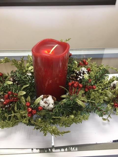 Christmas Mistletoe Table Centerpiece with LED Red Candle (24x22 Spray)
