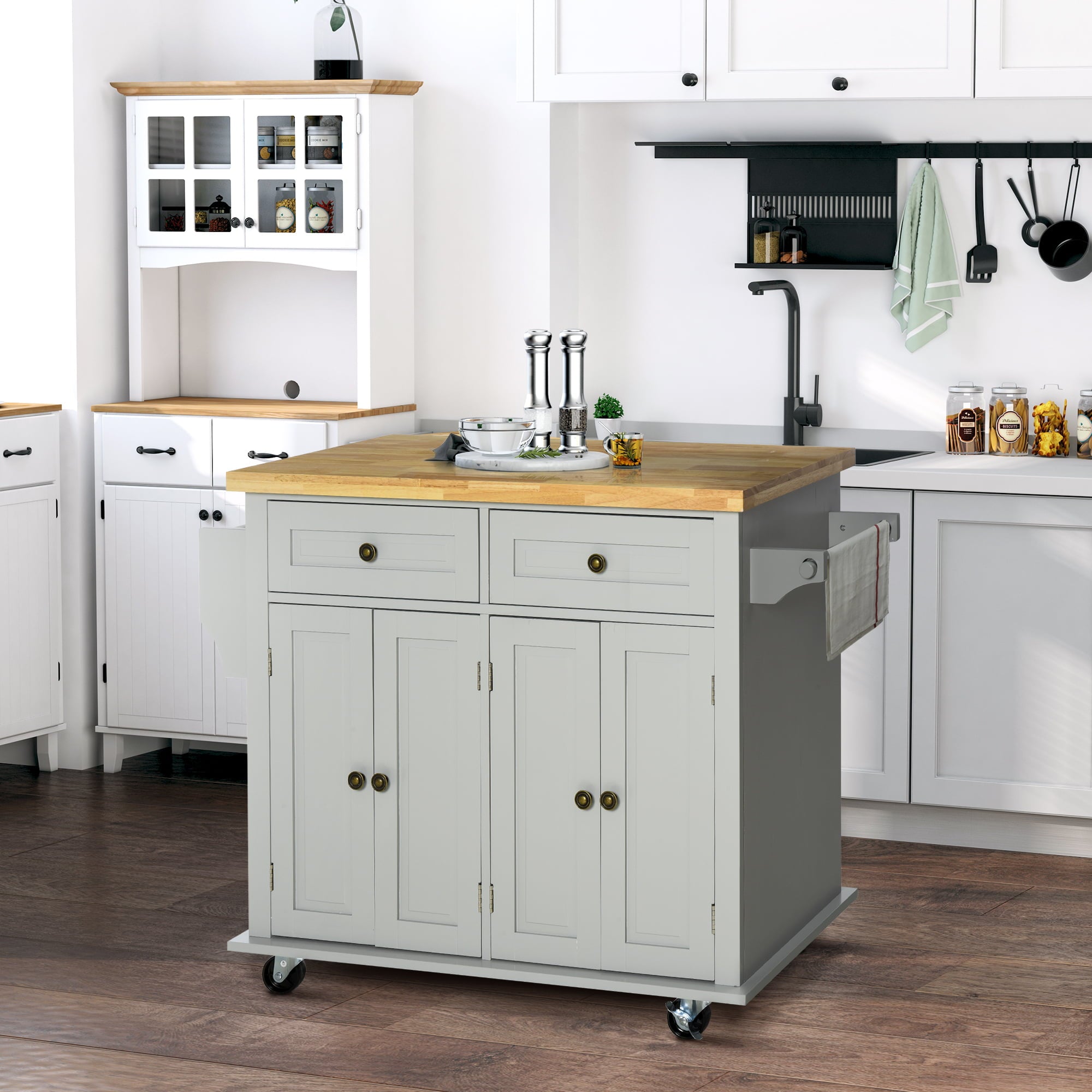 HOMCOM Rolling Kitchen Island Cart with Rubber Wood Top, Spices, and Towel Rack
