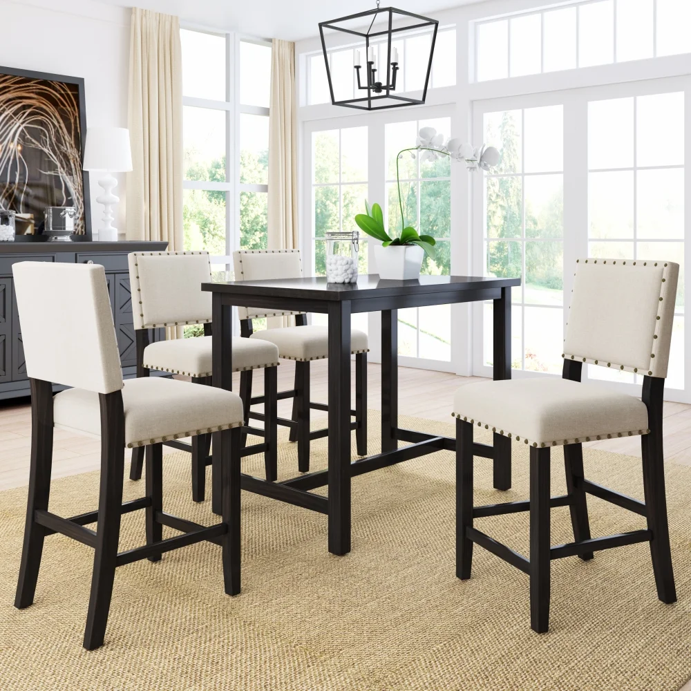 5 Piece Dining Table Set, Dining Table and Chairs Set, Rustic Wooden Counter Height Dining Table Set with 4 Upholstered Chairs for Small Places, Espresso+Beige