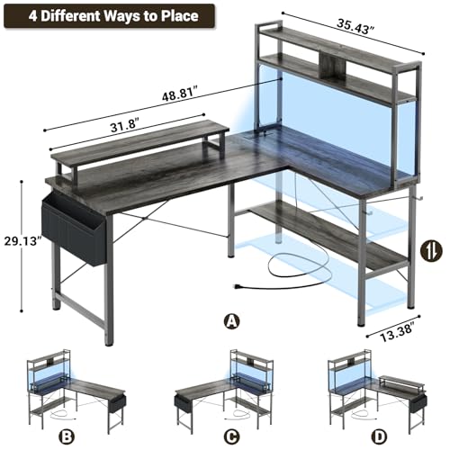 Aheaplus L Shaped Gaming Desk with Power Outlets & LED Lights, Small L- Shaped Desk Computer Corner Desk with Monitor Stand & Storage Shelf, Home Office Desk Writing Desk with Storage Bag, Black