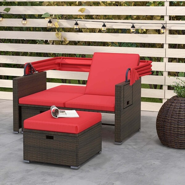 Patio Rattan Daybed w/Retractable Canopy Cushioned Double Bed Lounger
