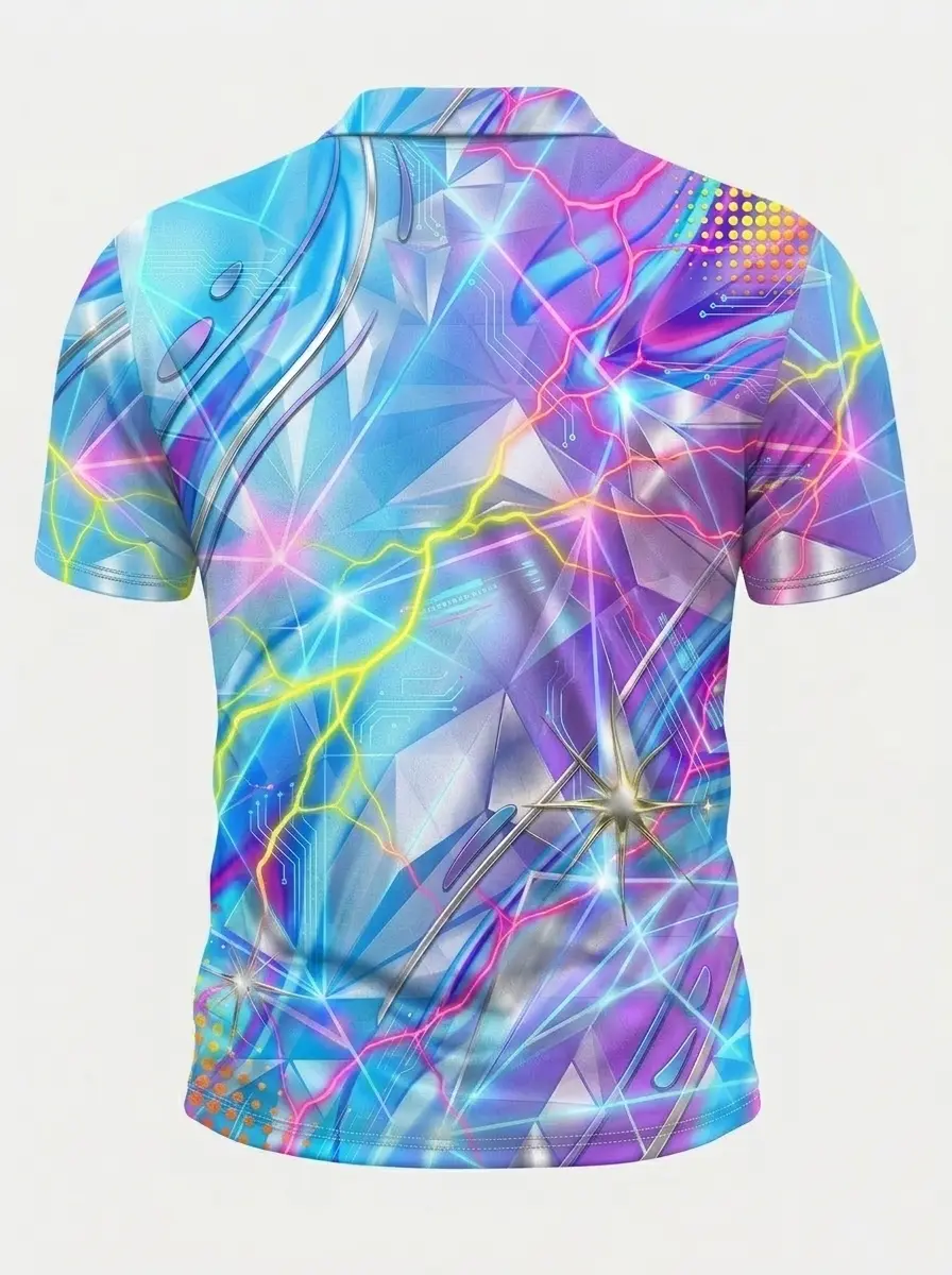 Moisture Wicking Golf Polo 3D Multicolor Neon Lightning Button Short Sleeve Golf Polo Shirt