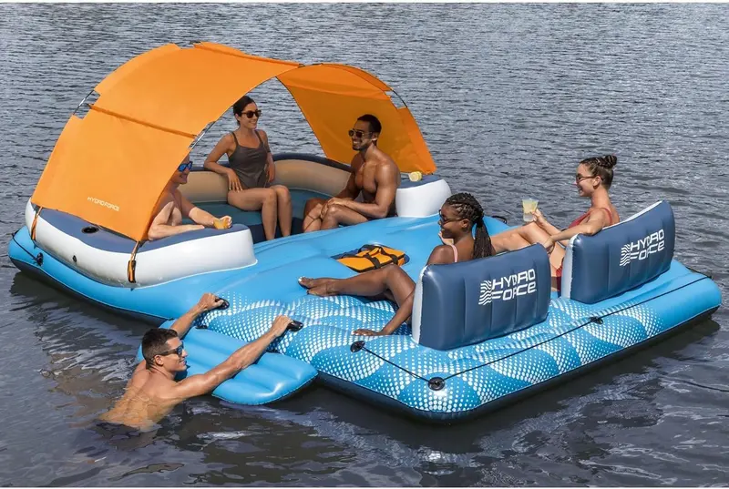 Tropical Breeze 6-Person Inflatable Floating Island – Includes Detachable Sunshade, Insulated Cooler Bag, and Comfort-Optimized Design