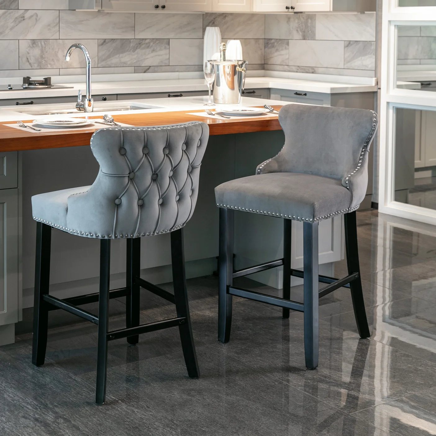 Set of 6 Wingback Upholstered Bar Stools with Nailhead Trim, Velvet Fabric Side Dining Room Chairs with Tufted Button, Living Room Chairs Counter Bar Stools Home Kitchen Island (Grey)