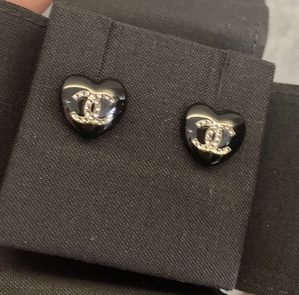 Chanel Cc Black Heart Earrings