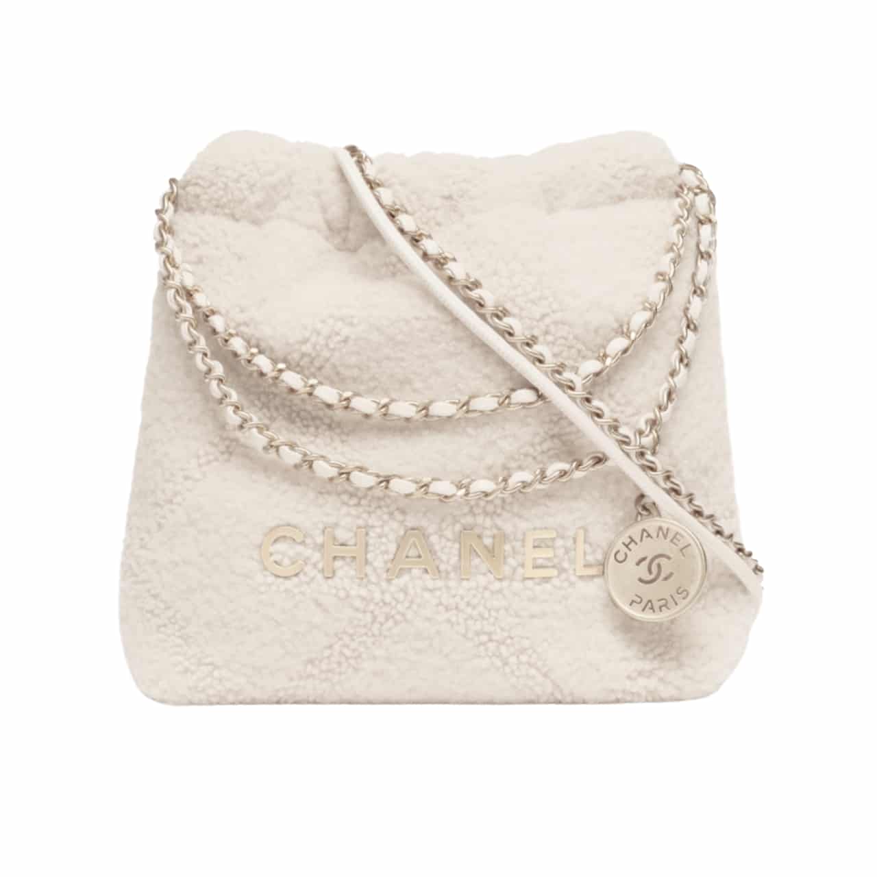 Chanel 22 Mini Handbag Shearling &Amp; Gold Tone Metal White 20Cm/7.9in