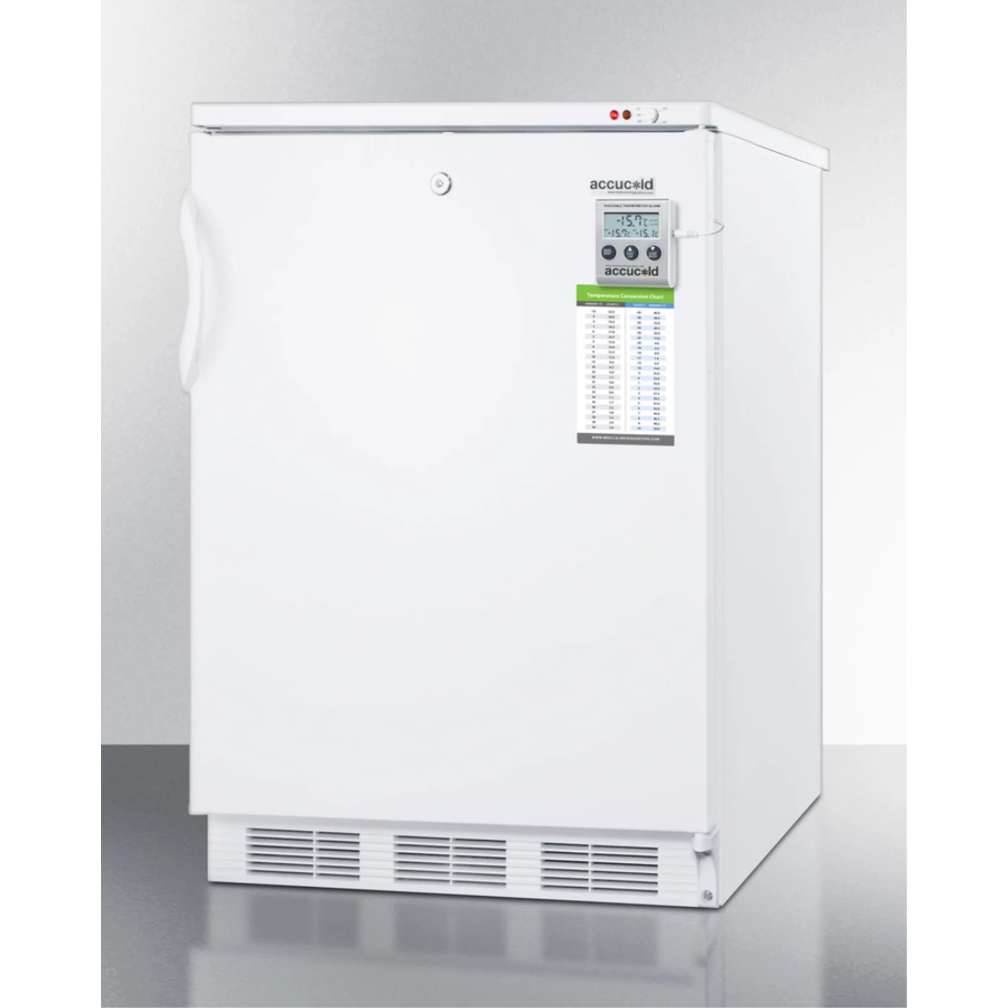 Built-in undercounter freezer capable of -25 C operation; includes audible alarm, lock, and hospital grade plug