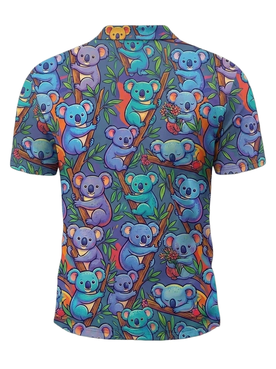 Moisture Wicking Golf Polo 3D Cute Koala Button Short Sleeve Golf Polo Shirt