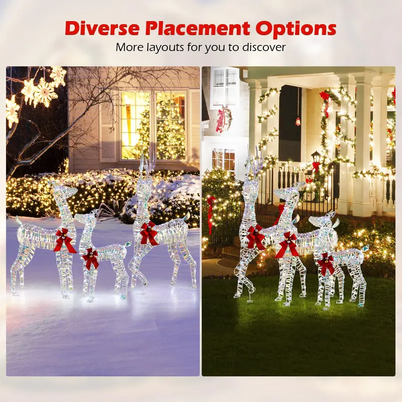 Three-Piece Lighted Reindeer Family — Large-Scale Outdoor Christmas Decor with Integrated LED Lighting and Bows