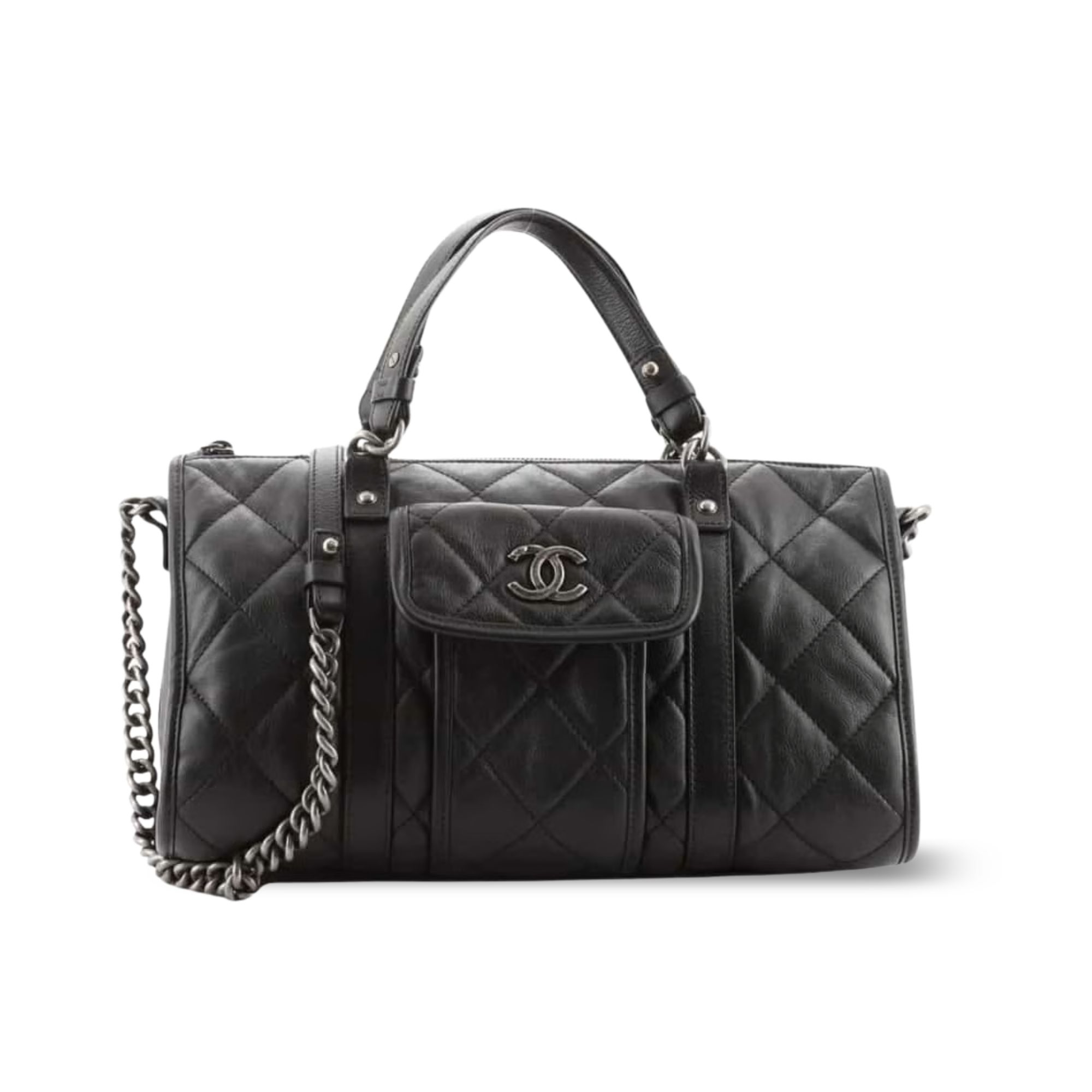 Chanel Casual Riviera Bowling Bag Quilted Calfskin Medium Black 32Cm/12.6in