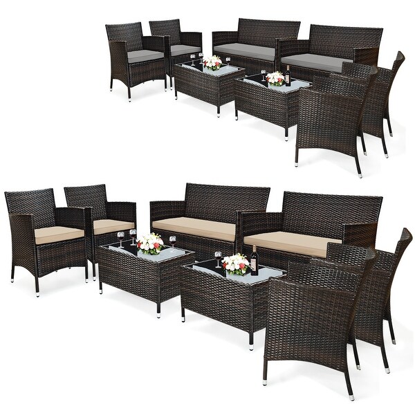 Costway 8PCS Rattan Patio Furniture Set Cushioned Sofa Chair