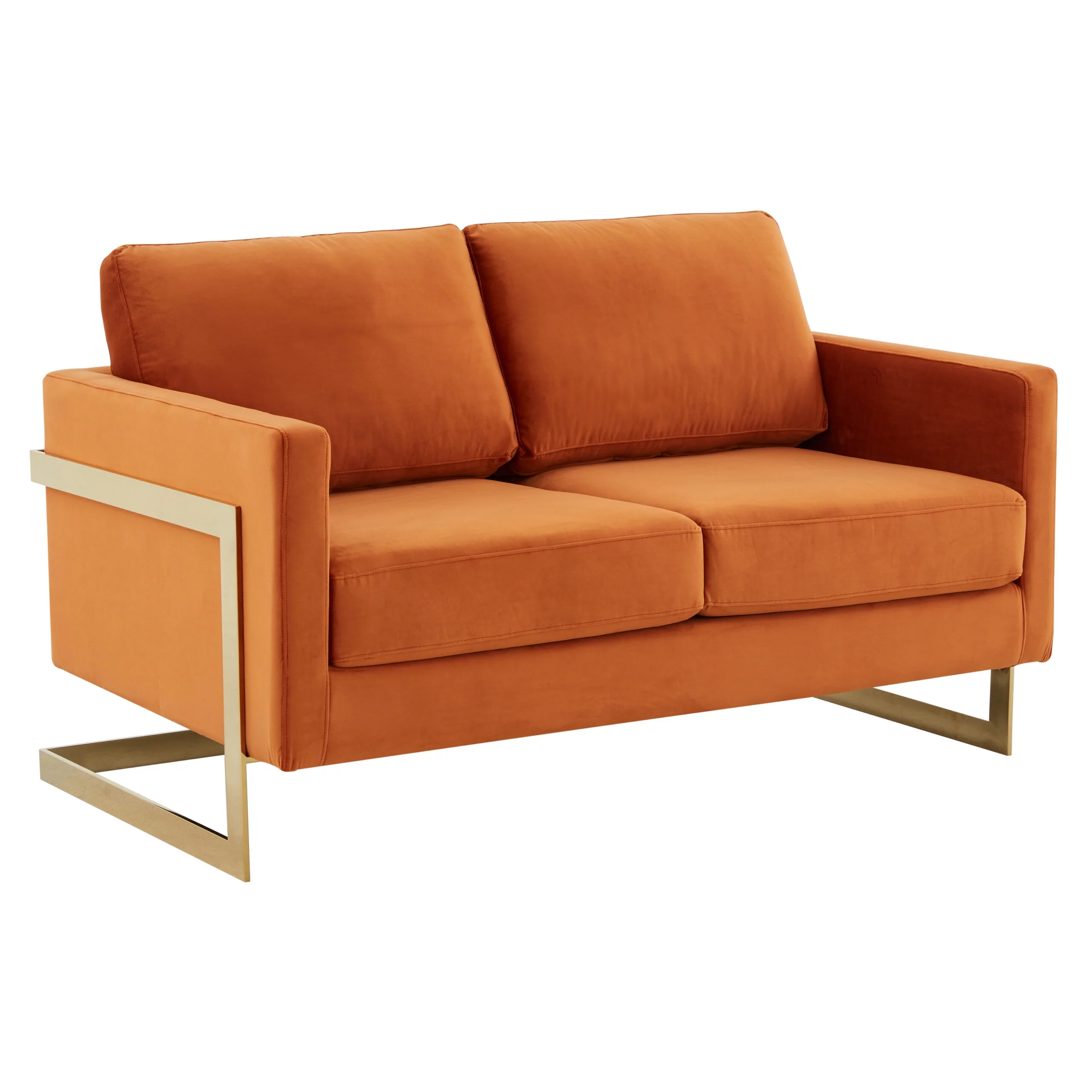 LeisureMod Lincoln Velvet Upholstered Loveseat in Orange Marmalade