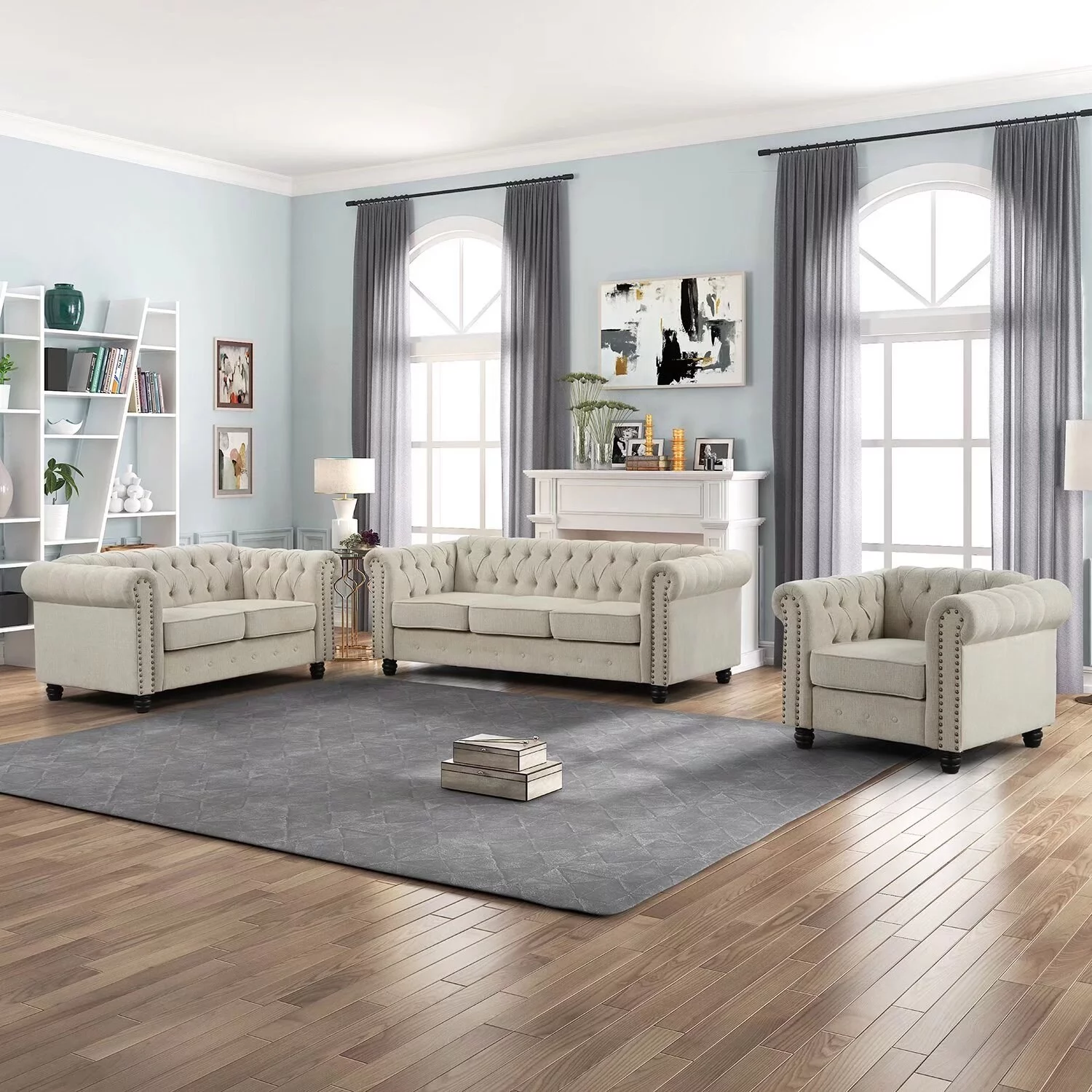 Morden Fort   Upholstered Chesterfield Set Chair, Loveseat ,Sofa 3 PCS for Living Room, Fabric, Linen Grey