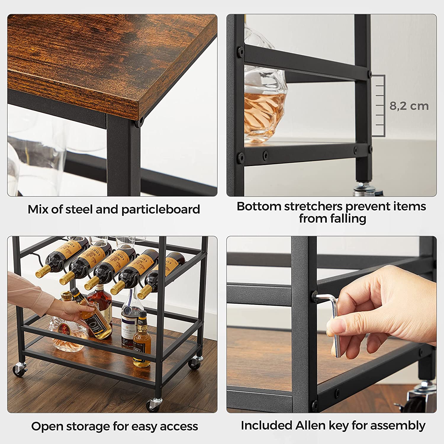 Bar Cart, Serving Cart, Industrial, Rustic Brown and Black