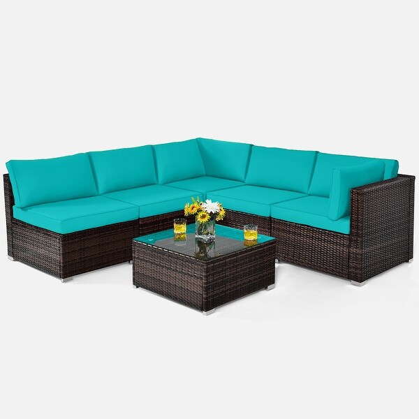 Costway 6PCS Patio Rattan Furniture Set Cushioned Sofa Coffee Table