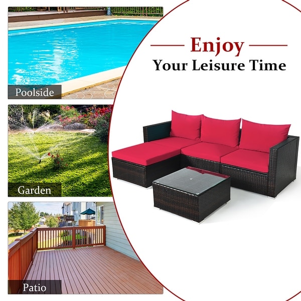 5PCS Patio Rattan Furniture Set Sectional Conversation Sofa w/ Coffee