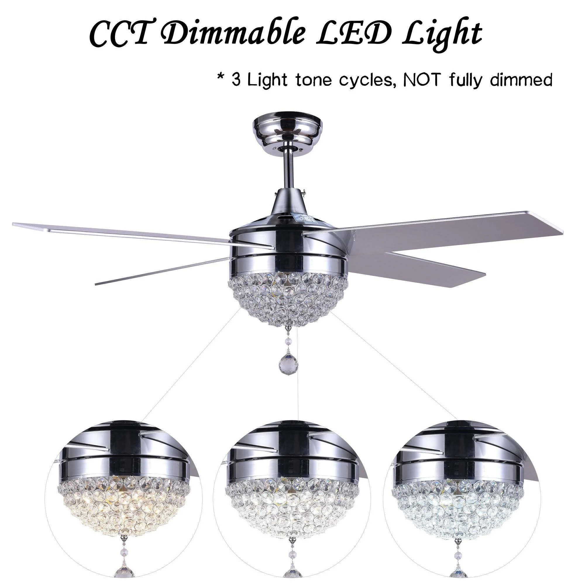 42x22 Modern Crystal Ceiling Fan with LED Light and Remote, Reversible - White