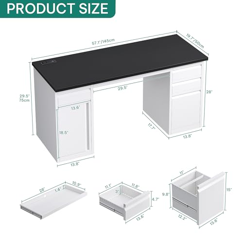 YITAHOME Office Desk with 5 Drawers, Executive Desk with Power Outlets, 57 Inch Computer Desk with File Cabinet, Keyboard Tray, for Home Office Small Spaces, Steel, Black