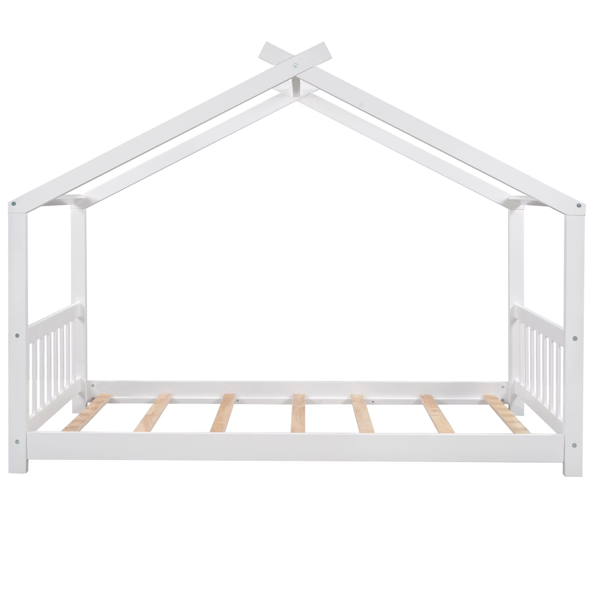 Twin Size White House Platform Bed with Roof Design Headboard and Footboard, Kids Bedroom Furniture