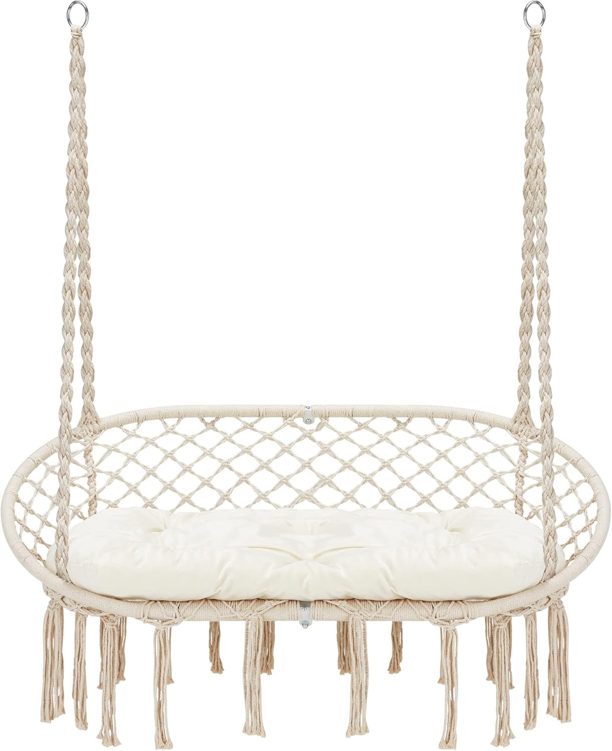 Hammock Chair Macrame Hanging Swing with Cushion,Hanging Cotton Ropes, Metal Frame, 450 lbs Capacity Indoor Outdoor, Patio, Balcony, Living,Deck, Yard, Garden(Double Swing) Beige