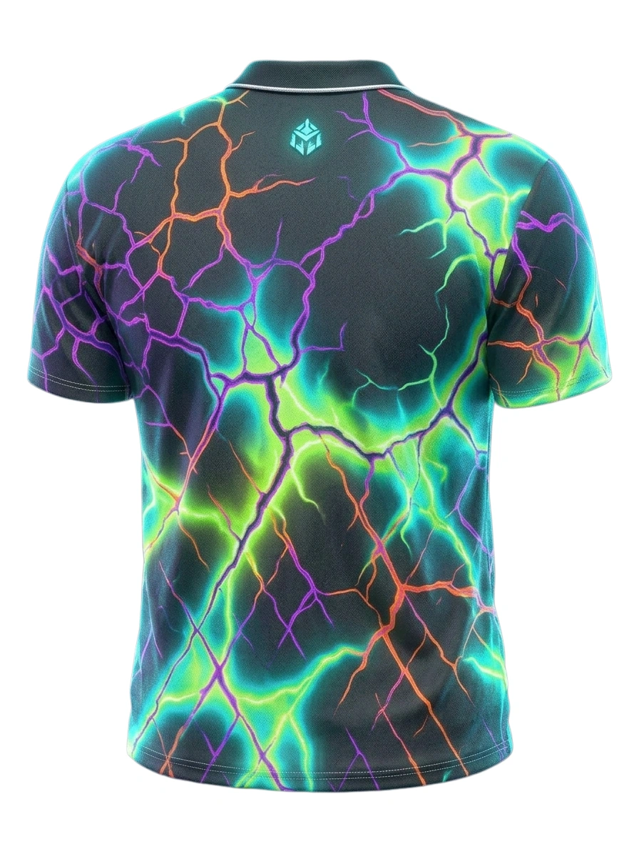 Moisture Wicking Golf Polo 3D Black Neon Lightning A Logo Button Short Sleeve Golf Polo Shirt