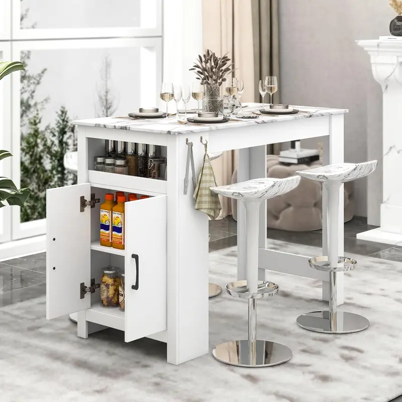 White Counter-Height Pub Table – 47-Inch Faux Marble Top with Hooks & Storage