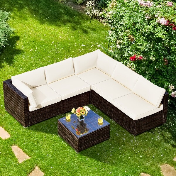 Costway 6PCS Patio Rattan Furniture Set Cushioned Sofa Coffee Table