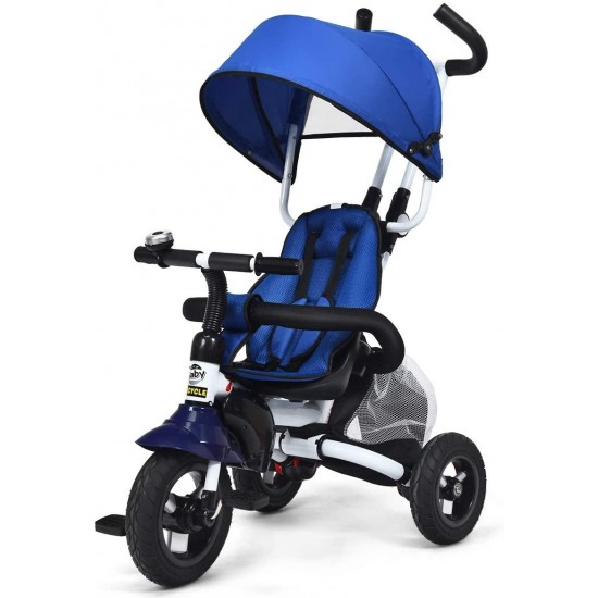 Baby Tricycle, 6-in-1 Kids Tricycle with Push Handle, Detachable Guardrail, Adjustable Canopy, Safety Harness, Folding Pedal, Storage Bag, Foldable Tricycle Stroller for Toddler Boys and Girls