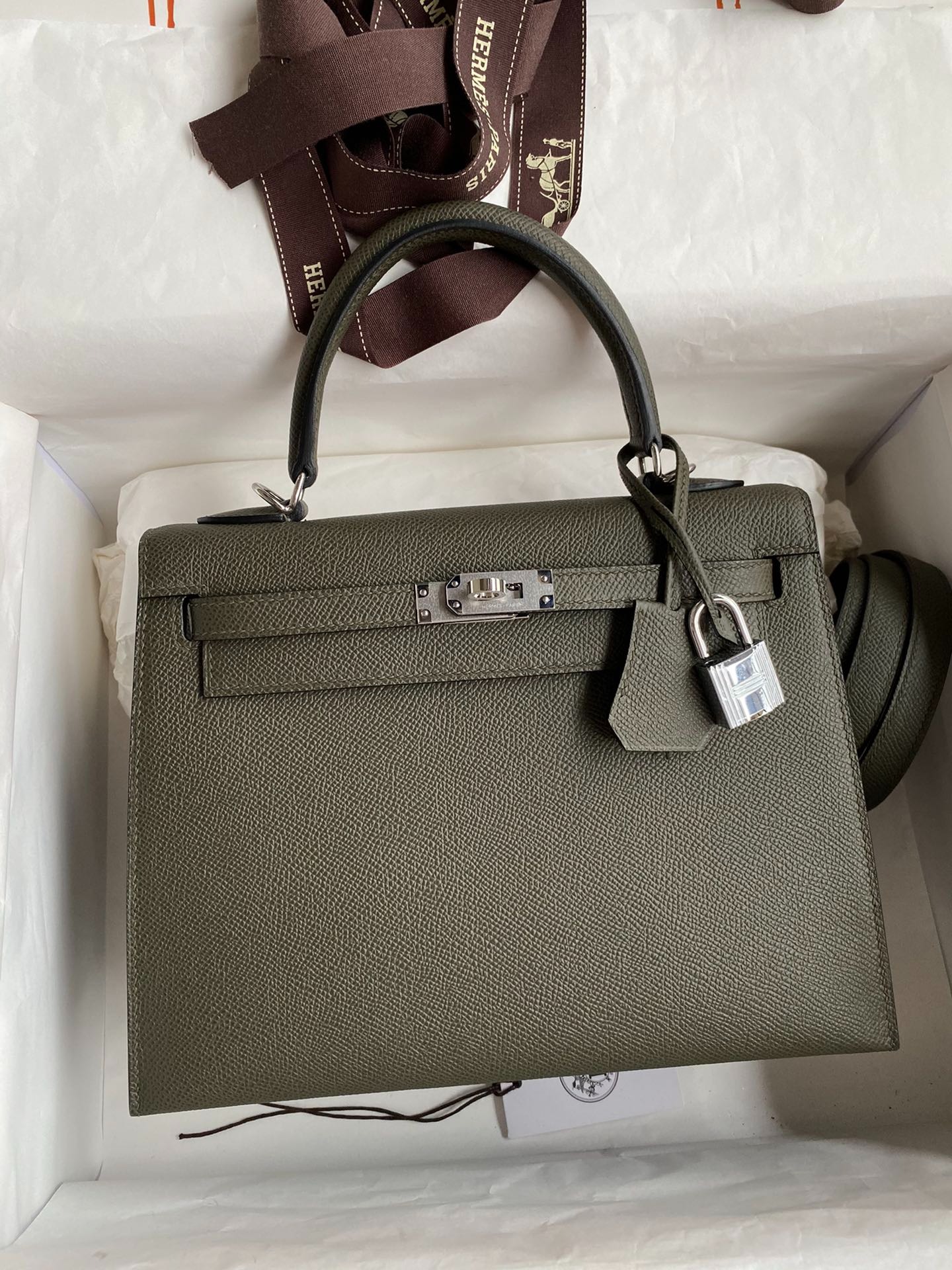 Hermes Kelly 25 Bag In Olive Green Epsom Leather For Women 25cm/10in