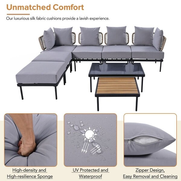 8Piece Patio Sectional Sofa Set with Tempered Glass Coffee Table and Wooden Coffee Table