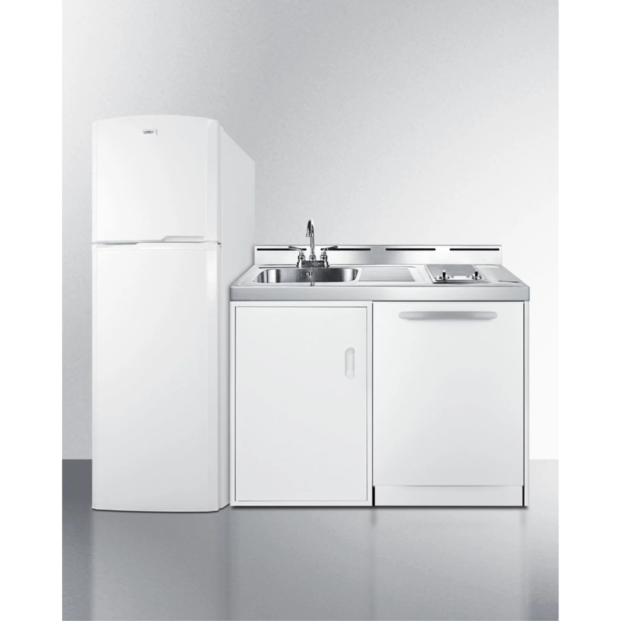 All-in-one combination kitchenette with full-sized refrigerator-freezer, dishwasher, sink, storage cabinet, and 2-burner glass cooktop